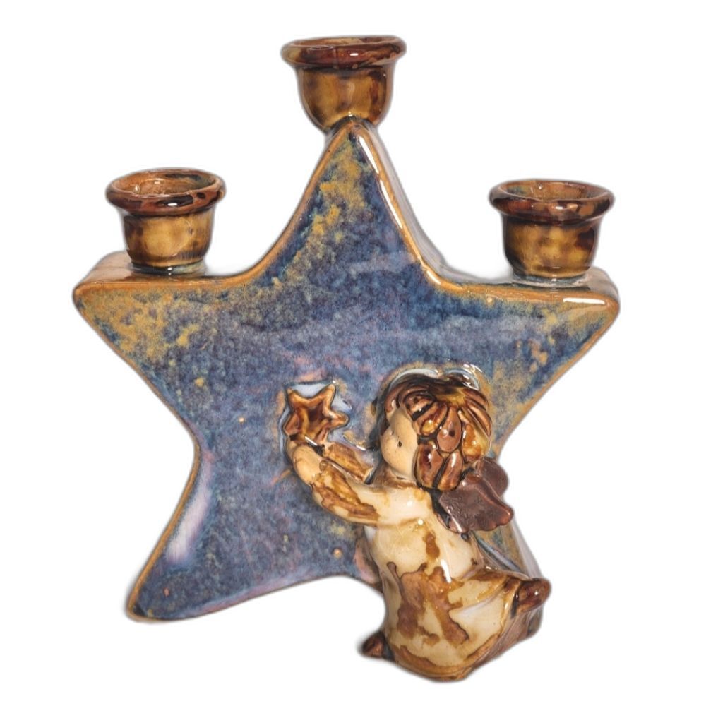 Glazed Pottery Angel‎ with Star Shaped Triple Candle Holder 7.75"X6.75"X3.5"